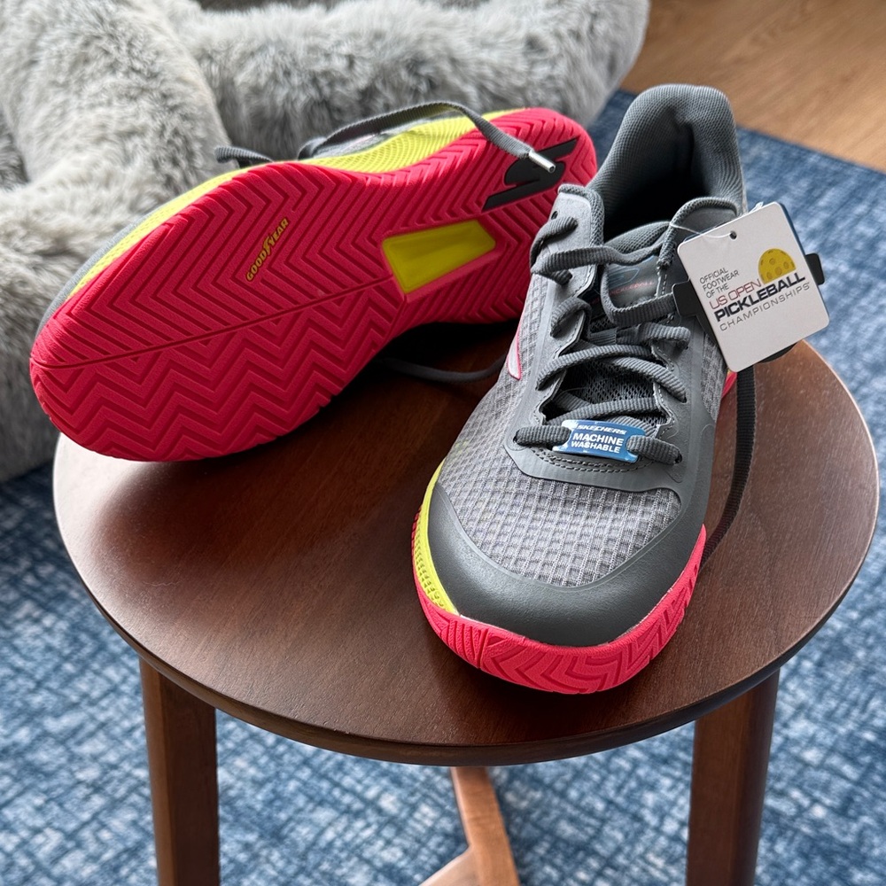Skechers ArchFit Gray Pickleball Shoes with Neon Pink & Yellow Accents